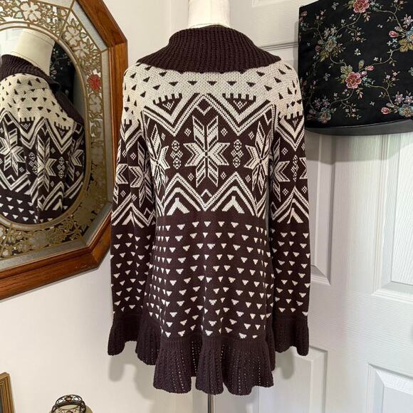 NWT Style & Co Brown & Cream Winter Pattern Crochet Ruffled Bell Sleeve Cardigan - Picture 5 of 8